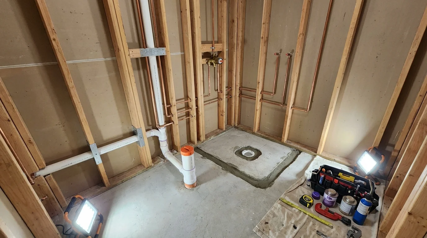 Bathroom rough-in plumbing during remodel by Johns Plumbing LLC in Harlan