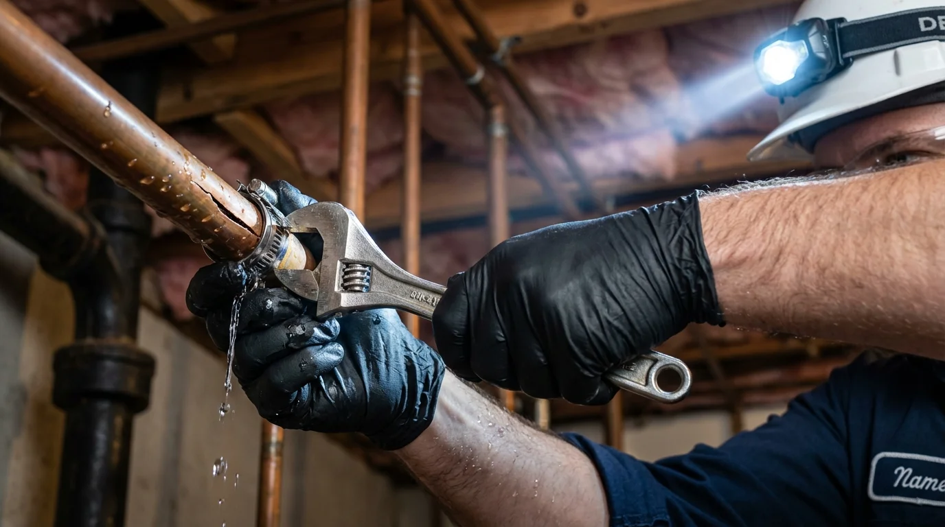 Emergency pipe clamp repair being performed by a Johns Plumbing LLC plumber in Harlan
