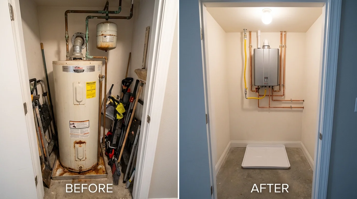 Tank water heater versus wall-mounted tankless unit comparison for Harlan, IA homeowners
