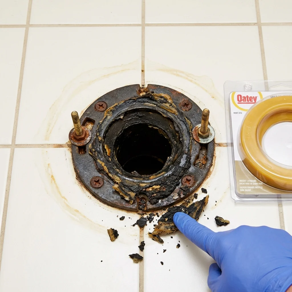 Failed wax ring showing water seepage at the base of a toilet in a Harlan, IA home
