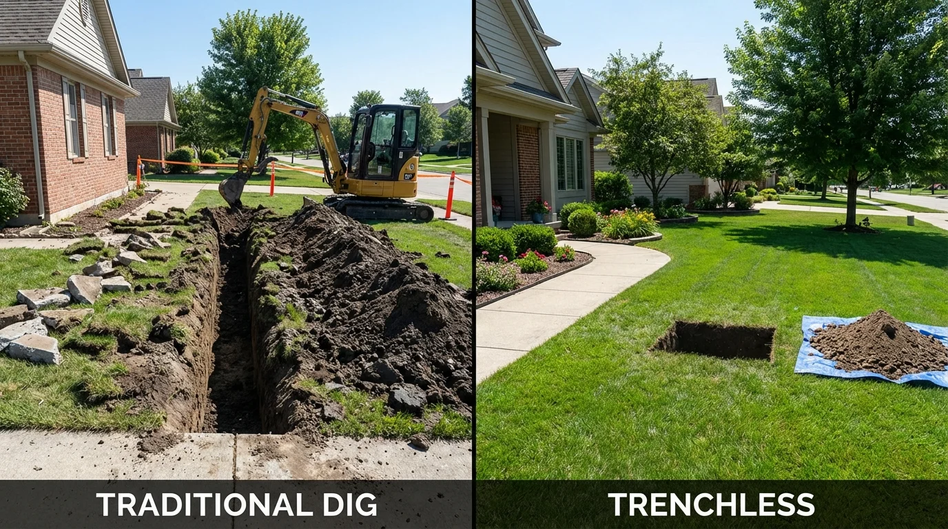 Trenchless sewer repair with minimal yard damage versus traditional excavation in Harlan, IA