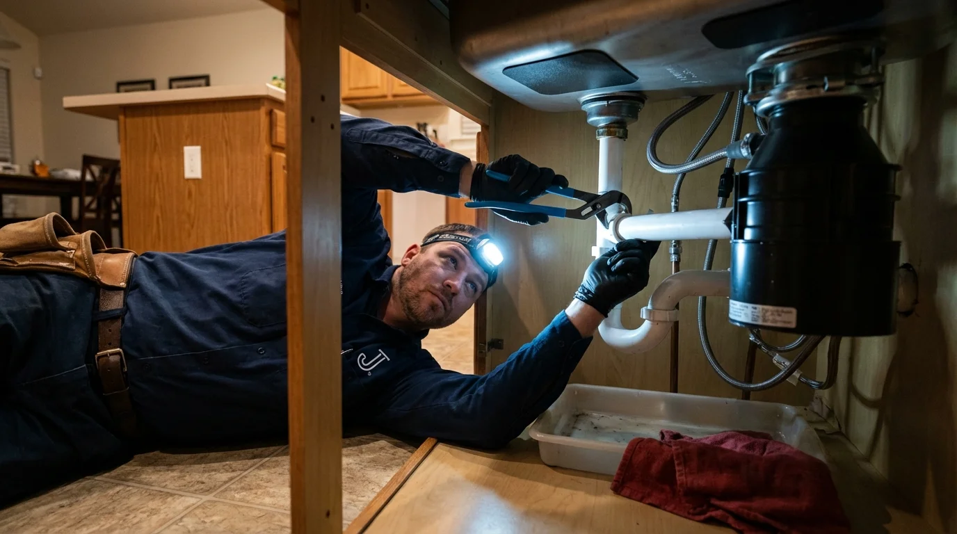 P-trap and supply line connections under a kitchen sink showing a common leak point in Harlan, IA